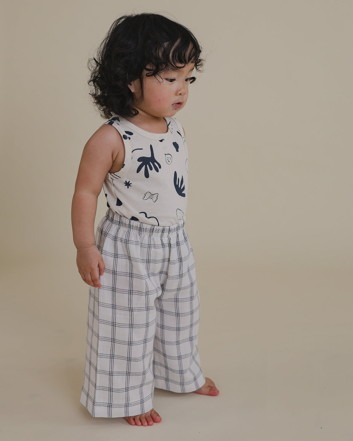 NAVY WINDOW CHECK WIDE LEG PANTS