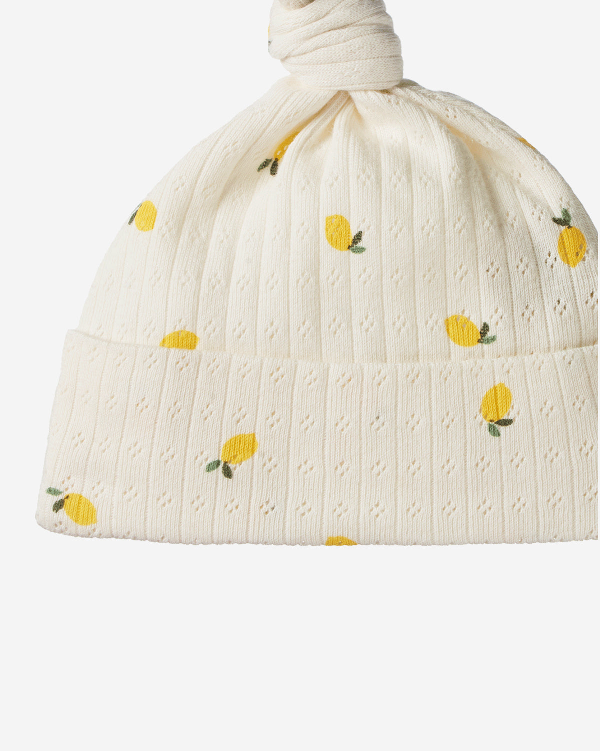 KNOTTED BEANIE POINTELLE - LEMON PRINT