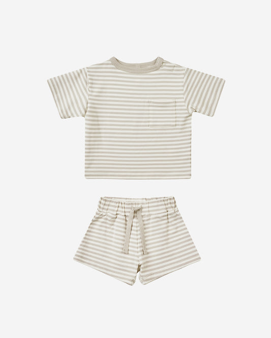 BOXY POCKET TEE AND SHORT SET - ASH STRIPE